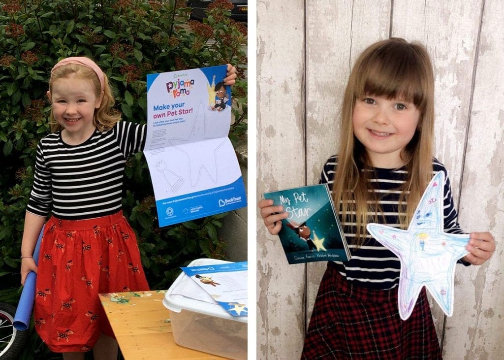 (Left) Finding out what's in her activity pack is exciting for Evelyn. (Right) Allie with the star from her activity pack.