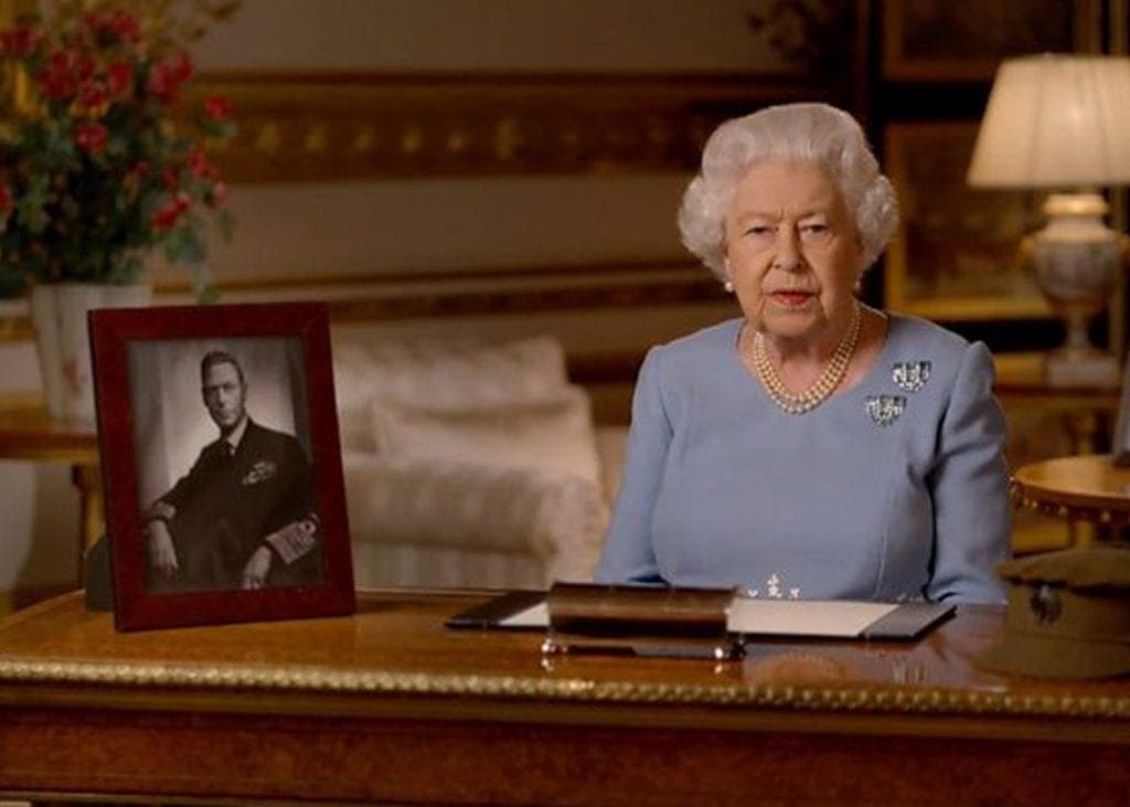 The Queen giving her poignant address to the nation at 9pm to mark the 75th anniversry of VE Day. Photo Getty images