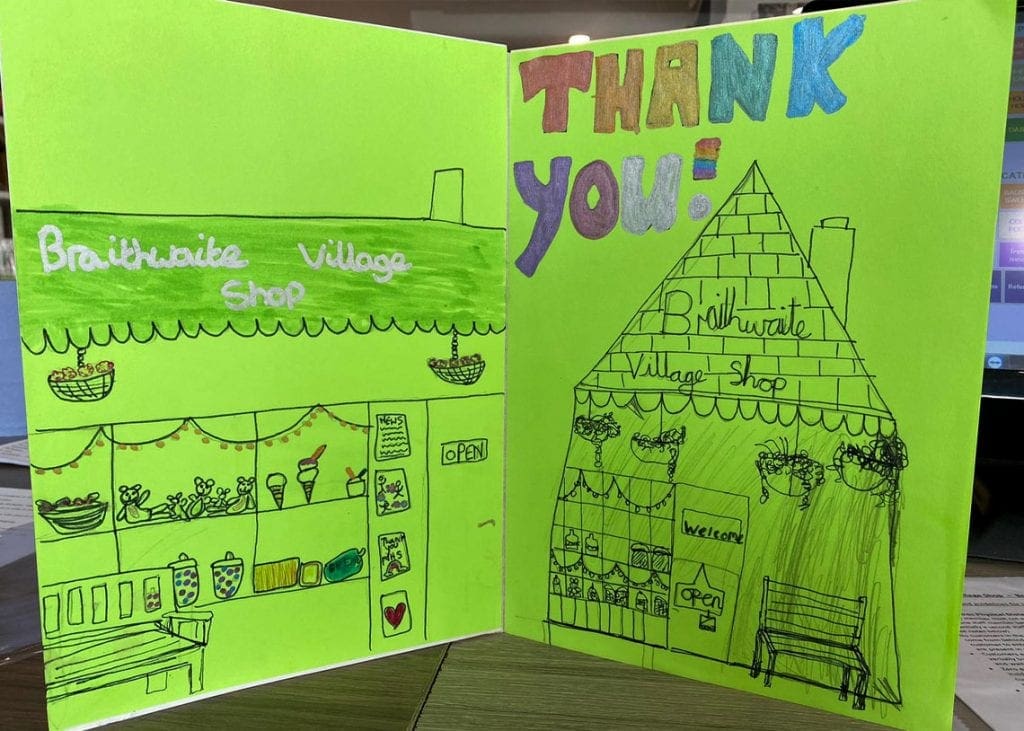 The 'thank you' card made for the shop volunteer group by Braithwaite children