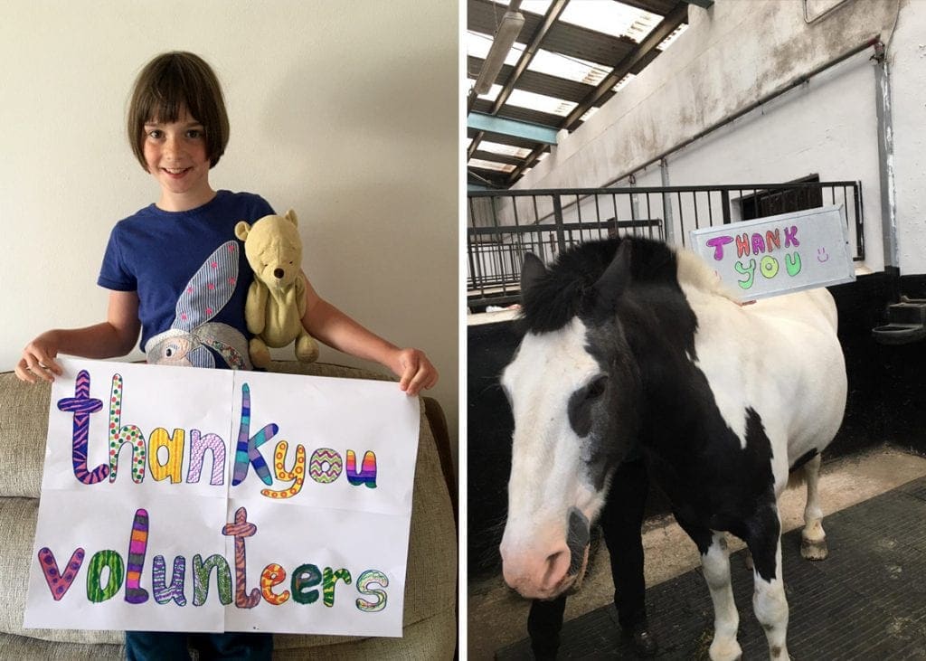 (Right) Young rider Robyn, from the Pony Club, saying thank you to the volunteers. (Left) Mischief saying thank you in his own way.