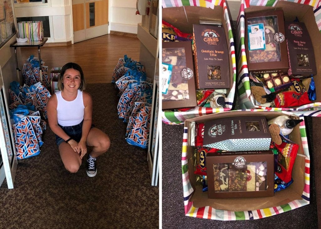 (Left) Jasmine leaving the bags at the entrance to Keswick Hospital. (Right) Jasmine also made up three hampers for the Community Staff to dip into.