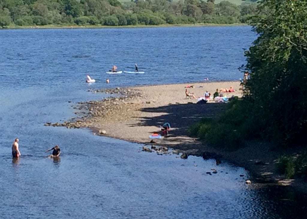 May's dry weather has created a temporary beach near Ouse Bridge at Bassenthwaite