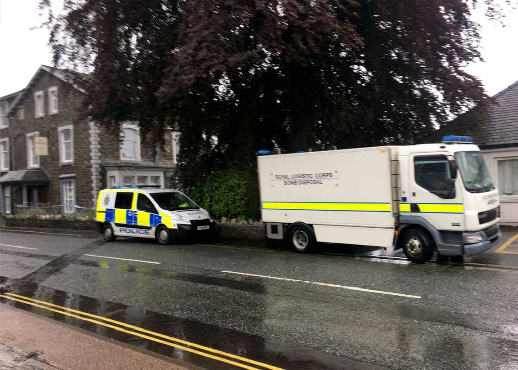 Police and Army Bomb disposal vehicles outside the Millfield retirement home this afternoon