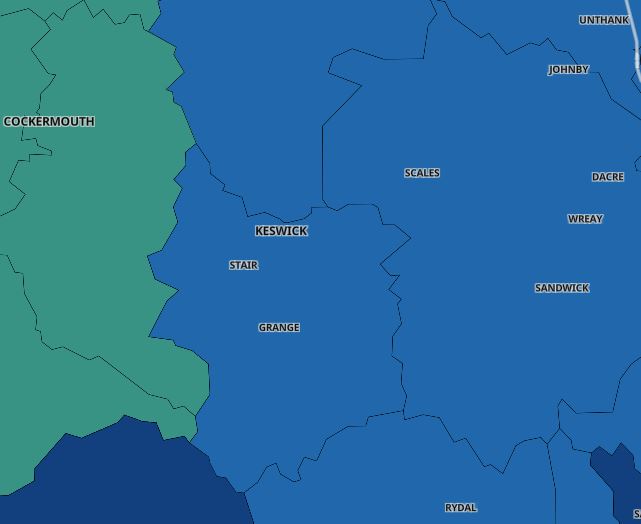 The number of new weekly cases in the Keswick area for the week ending June 30. A darker colour indicates a higher infection rate