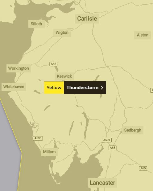 The Met Office is warning that heavy rain could bring a build-up of up to 80 to 100mm of water as it issues a thunderstorm warning. 