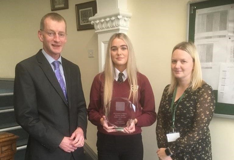 Philip Pridmore, Macy Dootson (centre) and Mrs Duguid, Head of Business Studies, Keswick School