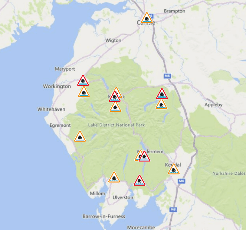 Five flood warnings and nine flood alerts are in force in Cumbria as the county recovers from several days of heavy rain. 