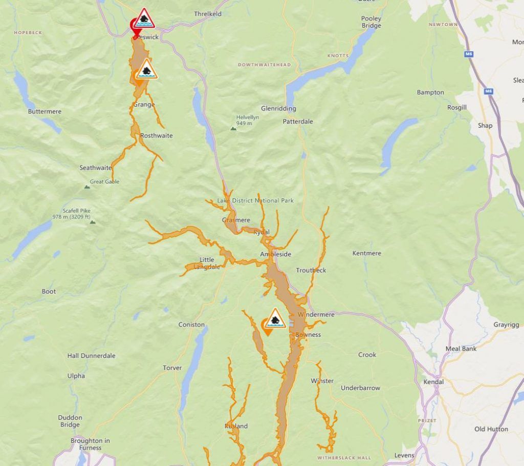 One flood warning and an alert are in force in the Keswick area as heavy rain continues to batter the county.