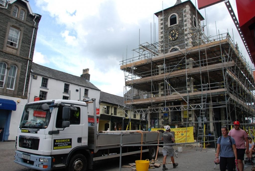 The Moot Hall in Keswick with scaffolding around the building 