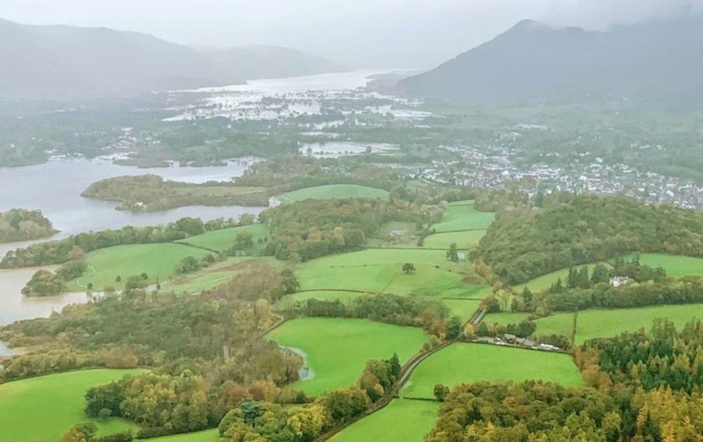 Bassenthwaite Lake and Derwentwater appear almost joined because of the flooded fields