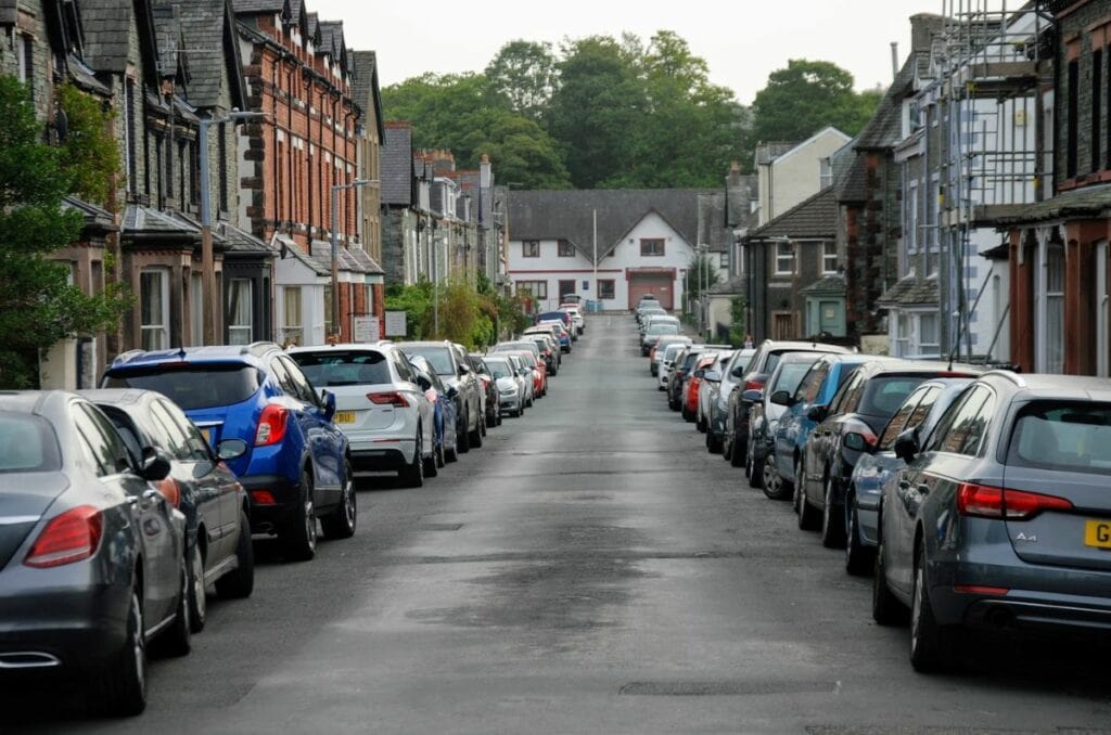 Lines of cars either side of Helvellyn Street in Keswick.