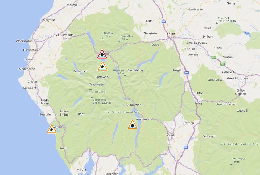 Flood warning and flood alerts in force in Cumbria. A map shows the locations of all the flood alerts and warnings in force in Cumbria